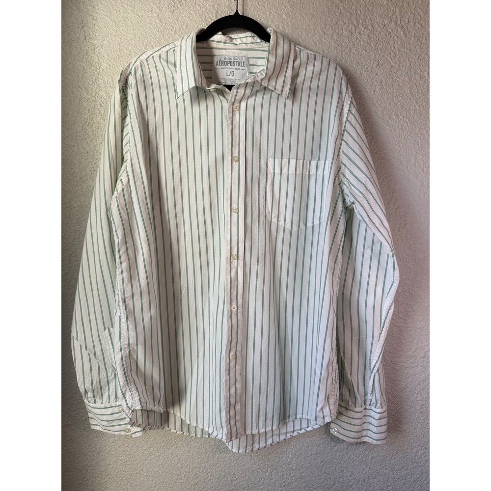 Aeropostale Mens L G Long Sleeve Button Up‎ Shirt Green Stripe Pocket Casual
